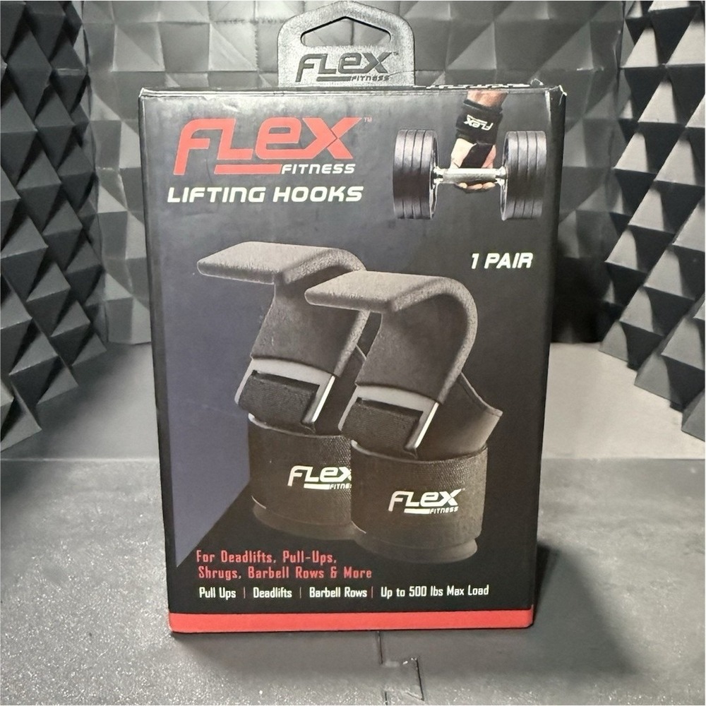 Flex Fitness Weight Lifting Hooks Black Wrist Wrap Extra Padding Non-Slip Pair